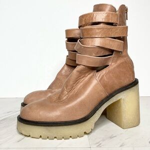 Free People Jesse Light Brown Leather Strappy Heeled Boot 39